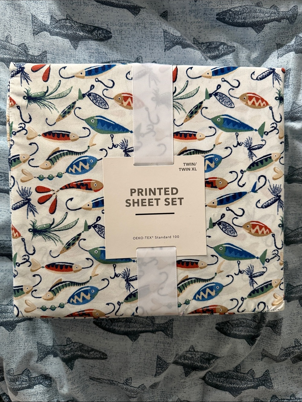 Fishing Lures Sheet Set - Creme with Blue, Green, Orange, Gold Accents